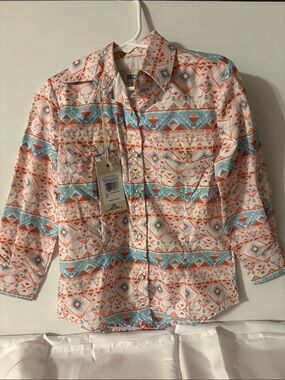 Rockin’ C Girls Aztec Steer Skull Pearl Snap Western Shirt XS 4-5 NWT